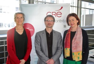 De gauche &agrave; droite : Mme &Eacute;dith Cyr, pr&eacute;sidente du Comit&eacute; d&rsquo;&eacute;conomie sociale de l&rsquo;&icirc;le de Montr&eacute;al (C&Eacute;SIM) et membre du Comit&eacute; ex&eacute;cutif de la CR&Eacute; de Montr&eacute;al &ndash; M. Philippe Gauthier, professeur et directeur du groupe Design et Soci&eacute;t&eacute; de l&rsquo;&Eacute;cole de design industriel &ndash; Mme Fabienne M&uuml;nch, directrice de l&rsquo;&Eacute;cole de design industriel.  Cr&eacute;dits photo : &copy; CR&Eacute; de Montr&eacute;al